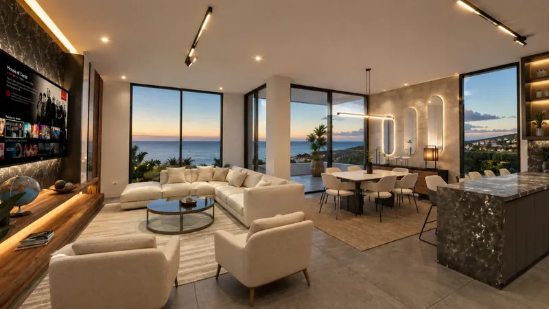 Open-plan living room with sea views at dusk