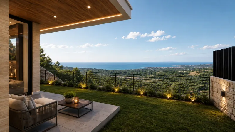 Private lawn looking out over the hills to the sea