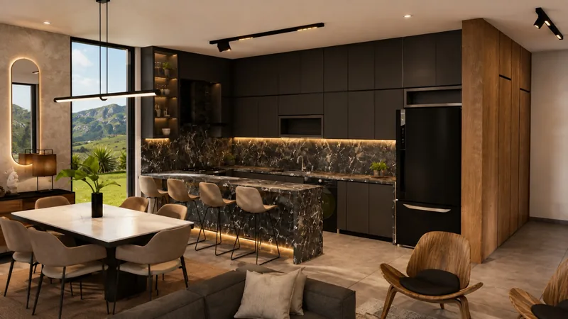 Kitchen with marble island and full-height cabinets