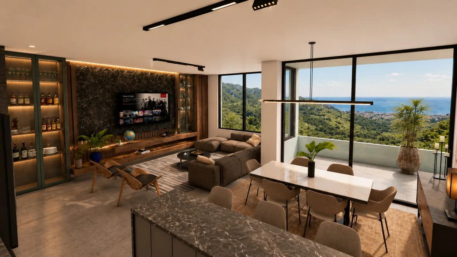 Ground-floor living and dining room opening to the balcony and sea