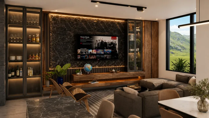 Marble media wall with lit bar cabinets